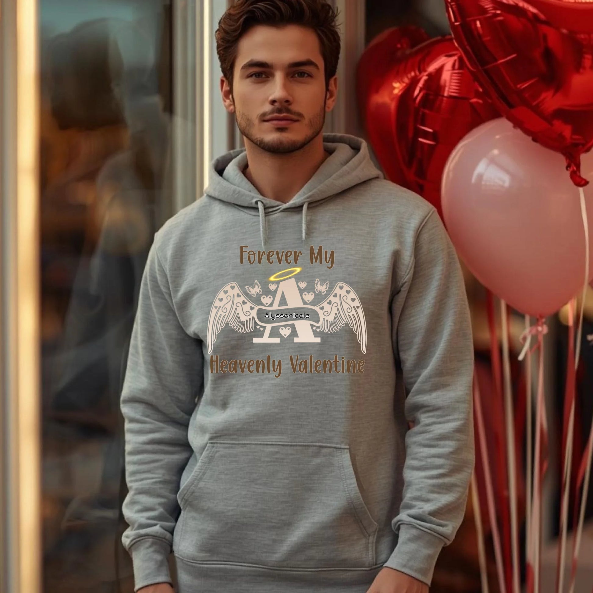 Grey personalized angel letter hoodie with wings and halo, heavenly Valentine memorial gift
