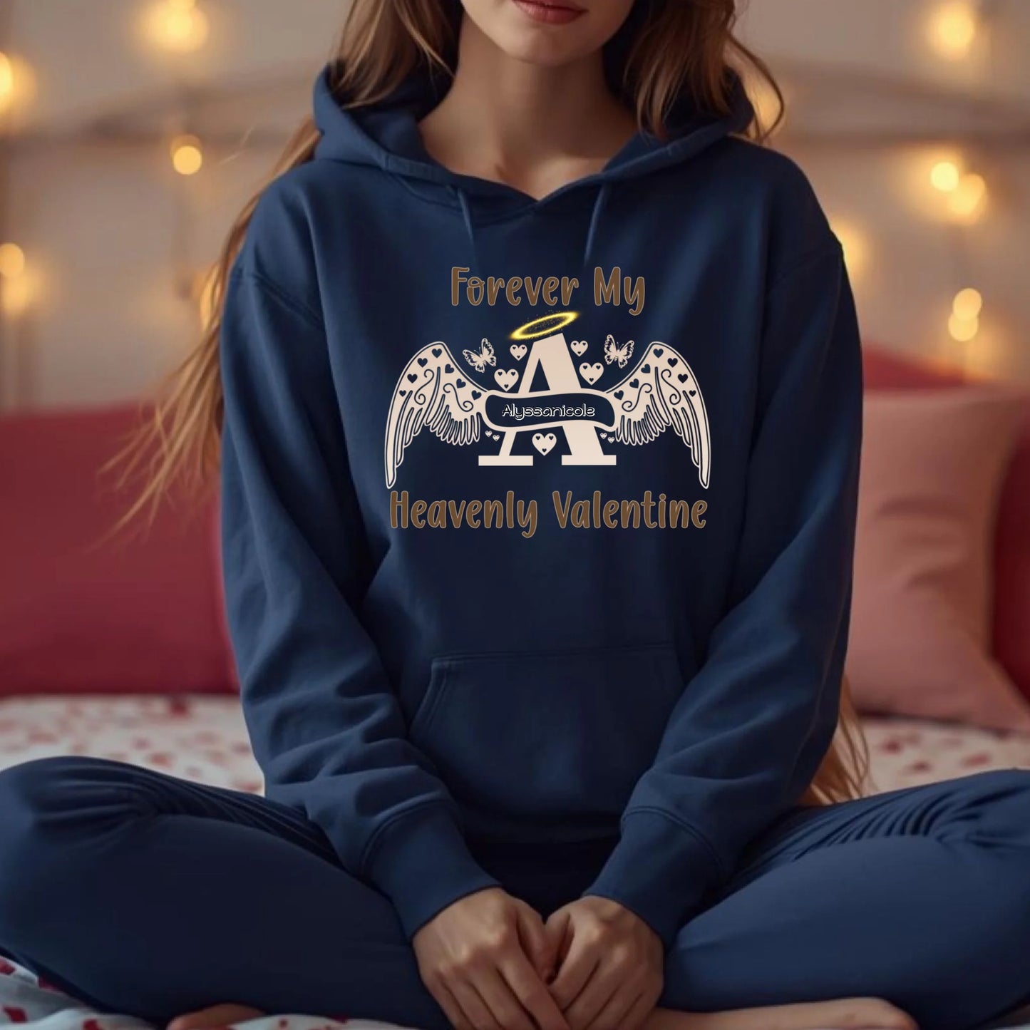 Navy personalized angel letter hoodie with wings and halo, memorial Valentine sweatshirt