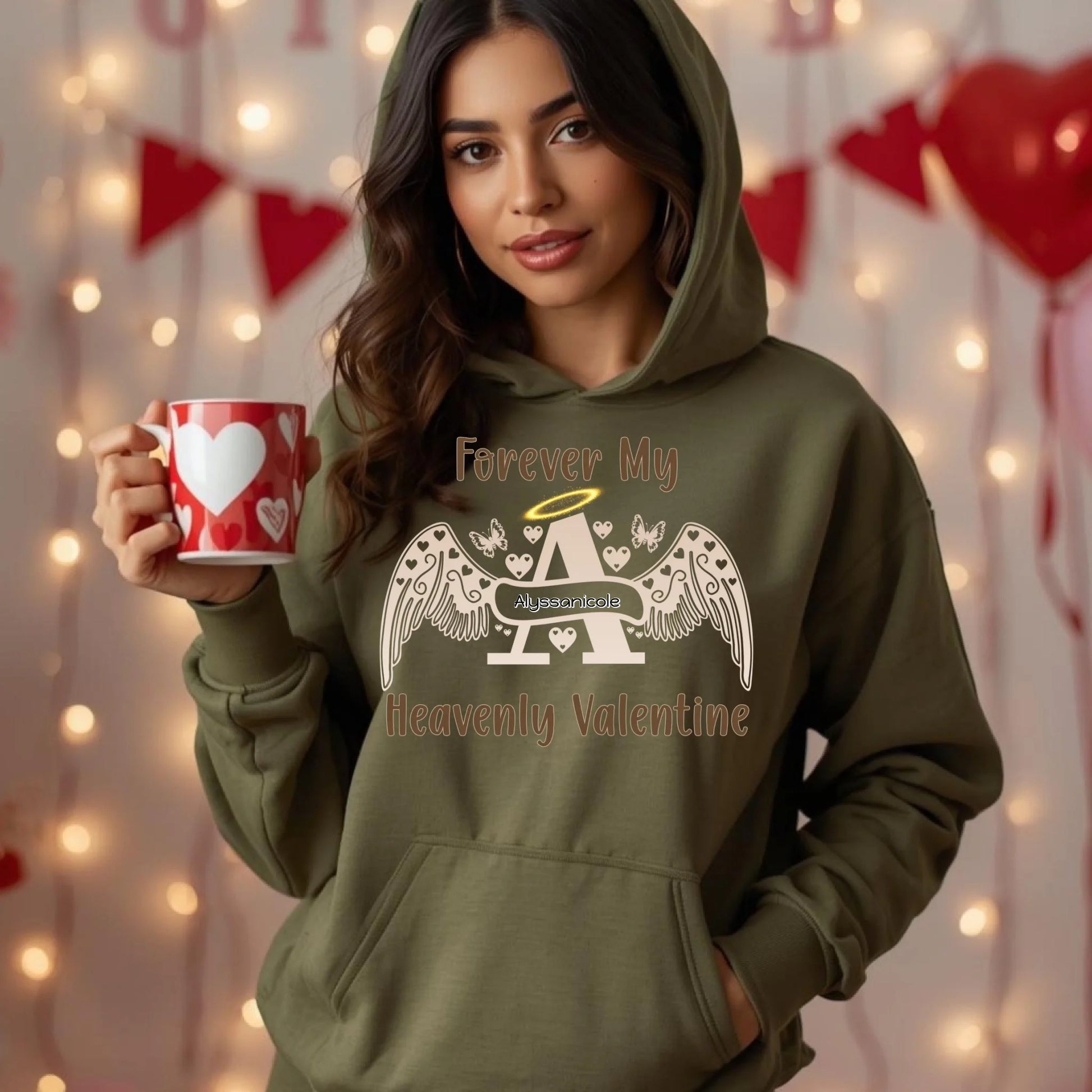 Olive green angel letter hoodie with custom name, heavenly Valentine remembrance apparel