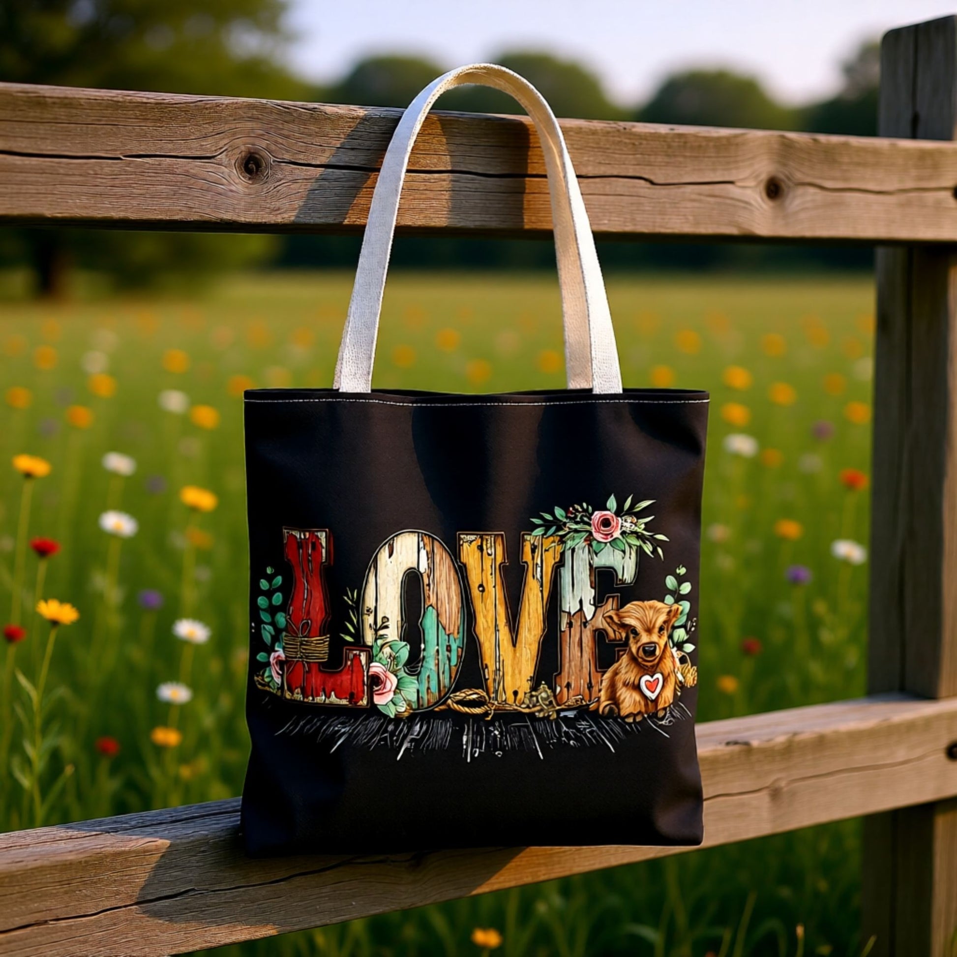 Black tote bag with 'LOVE' and dog design on a wooden bench with a floral background