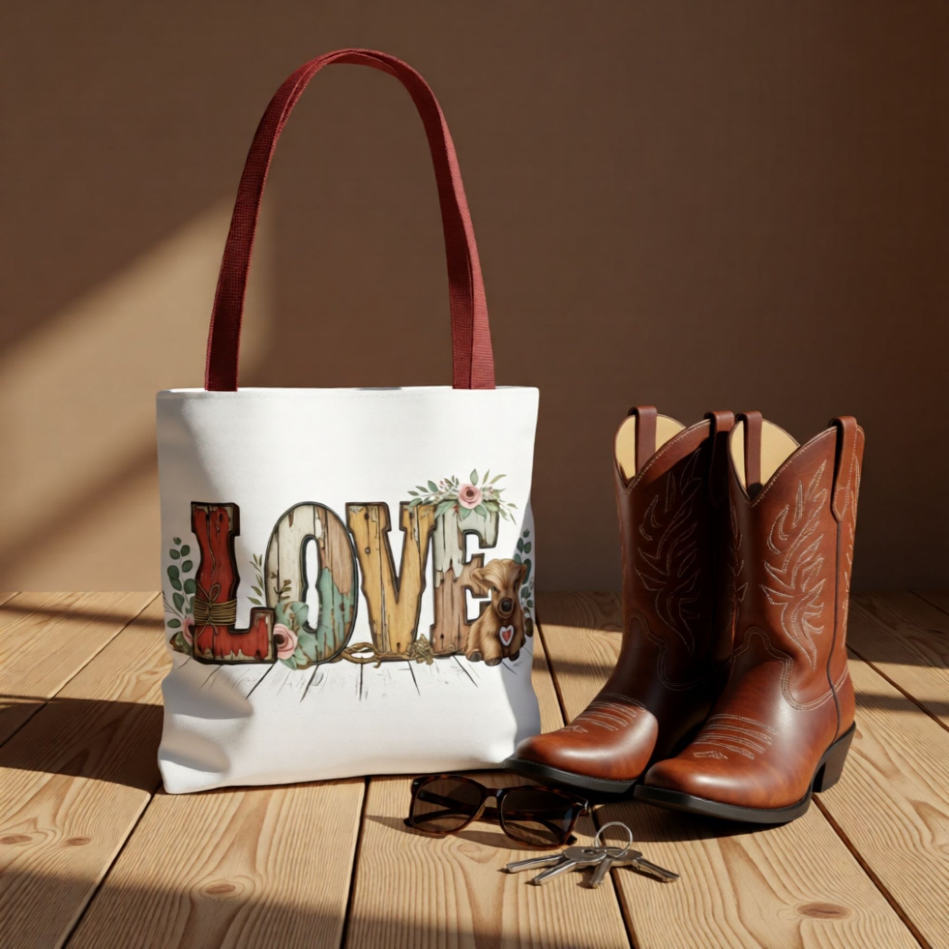 Tote bag with 'LOVE' design, cowboy boots, and sunglasses on a wooden surface.