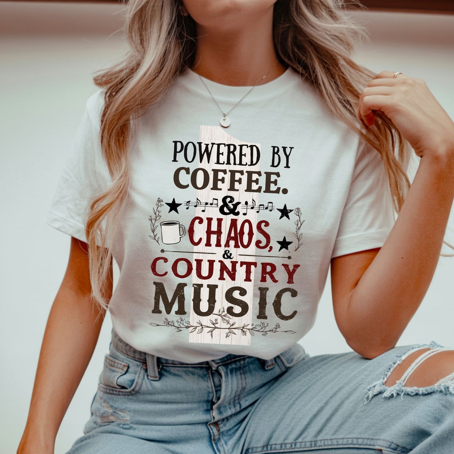 Powered By Coffee Chaos & Country Music Shirt | Country Music Graphic Tee
